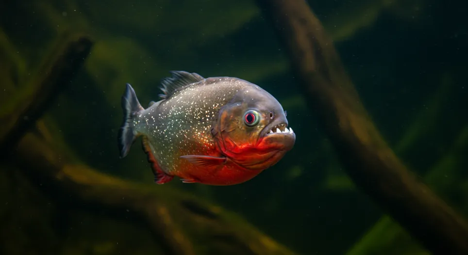 En enkelt rødbuget piratfisk (Pygocentrus nattereri) med tydelig rød bug