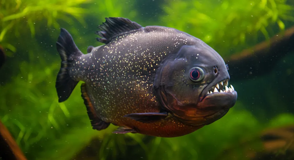 En imponerende sort piratfisk (Serrasalmus rhombeus) med mørk farve