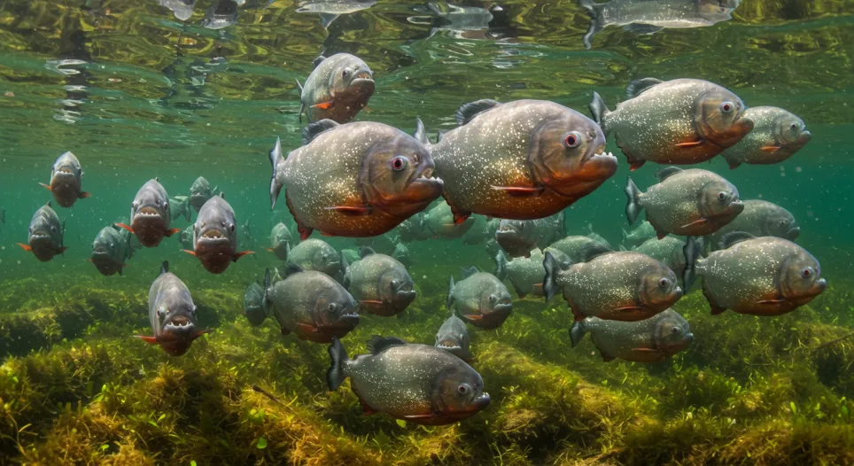 En stor stime af piratfisk, der bevæger sig samlet i en sydamerikansk flod