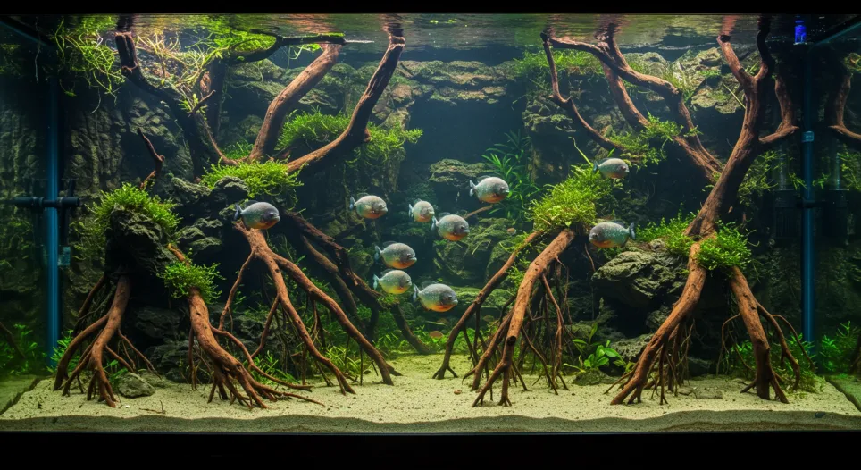 Et stort, velindrettet akvarium designet til piratfisk, med rødder og åbne svømmeområder